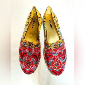 Prada Red Blue floral Brocade Multicolor Jacquard 20mm Espadrille EU 41 US11